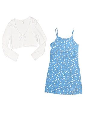 SELF ESTEEM Girl's Blue And White Floral Sleeveless Dress With White Cardigan